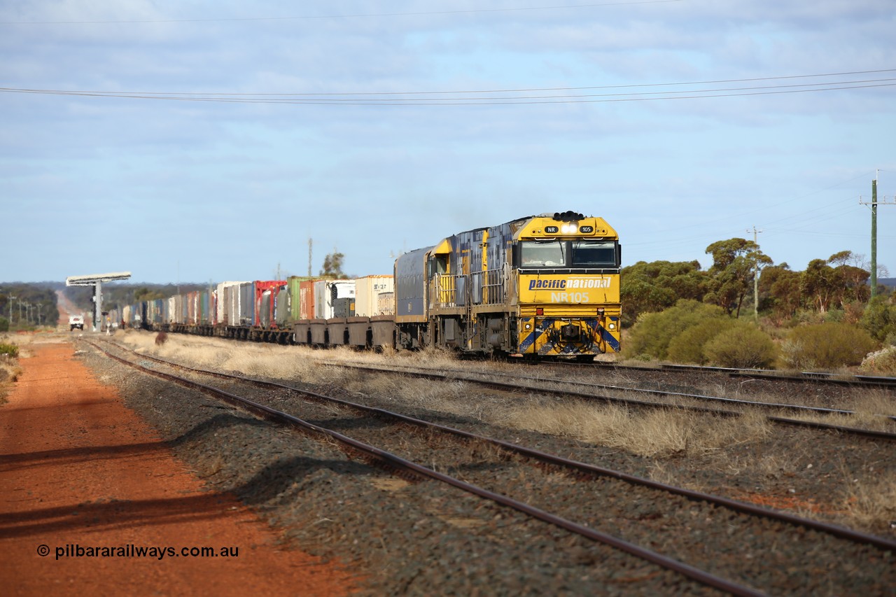 160522 2324
Parkeston, 7MP7 priority service train arrives on the mainline behind a pair of Goninan built GE model Cv40-9i NR class units NR 105 serial 7250-08/97-310 and NR 113 serial 7250-09/97-312 in Pacific National livery, the track in the foreground is the Engineers Siding.
Keywords: NR-class;NR105;Goninan;GE;Cv40-9i;7250-08/97-310;