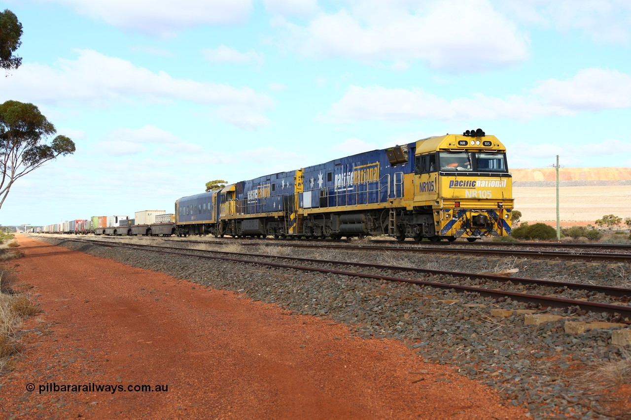 160522 2325
Parkeston, 7MP7 priority service train arrives on the mainline behind a pair of Goninan built GE model Cv40-9i NR class units NR 105 serial 7250-08/97-310 and NR 113 serial 7250-09/97-312 in Pacific National livery, the track in the foreground is the Engineers Siding.
Keywords: NR-class;NR105;Goninan;GE;Cv40-9i;7250-08/97-310;