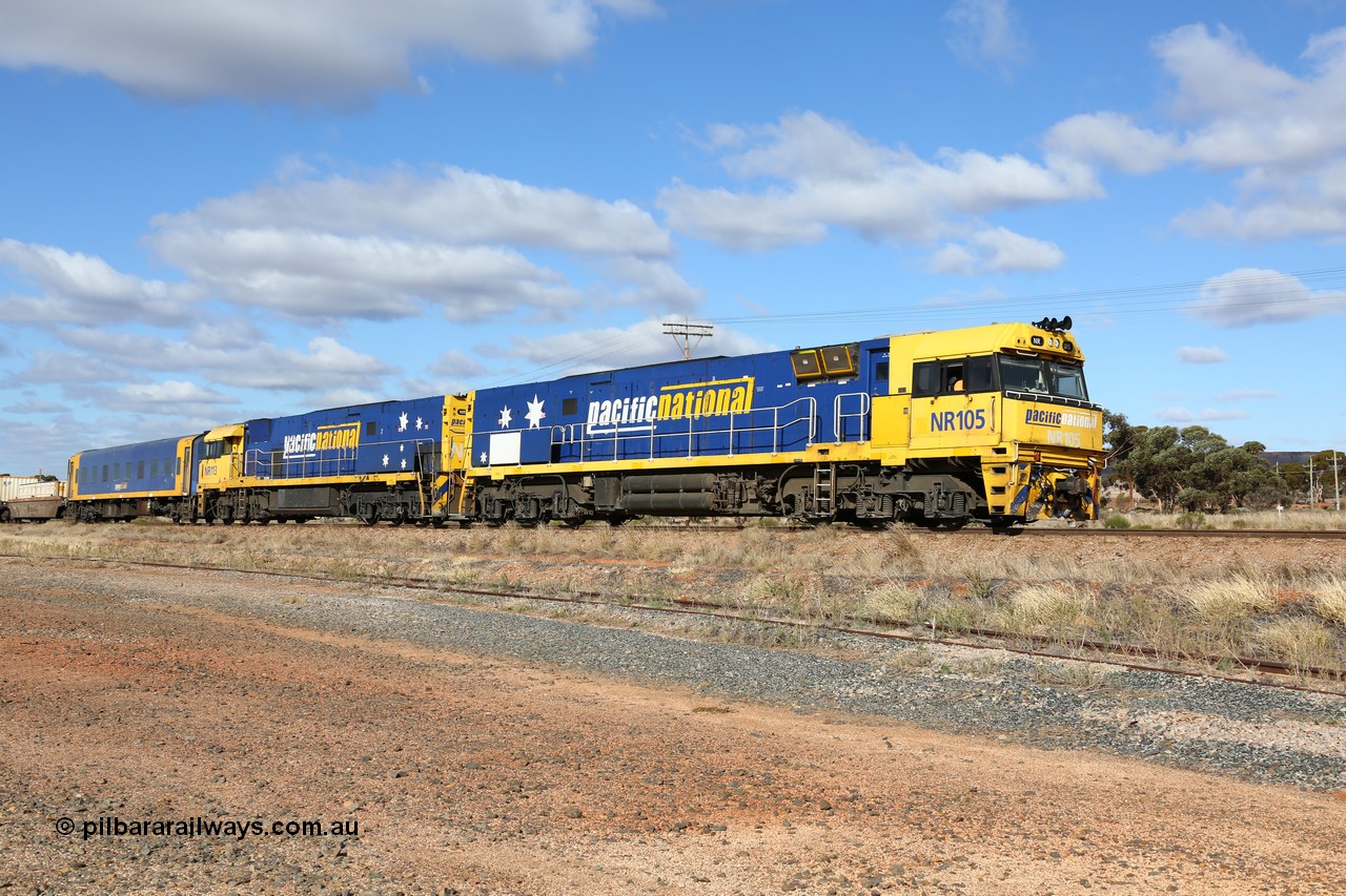 160522 2336
Parkeston, 7MP7 priority service train running up the hill to Kalgoorlie with a pair of Goninan built GE model Cv40-9i NR class units NR 105 serial 7250-08/97-310 and NR 113 serial 7250-09/97-312 and crew accommodation coach BRS 222 all in Pacific National livery.
Keywords: NR-class;NR105;Goninan;GE;Cv40-9i;7250-08/97-310;