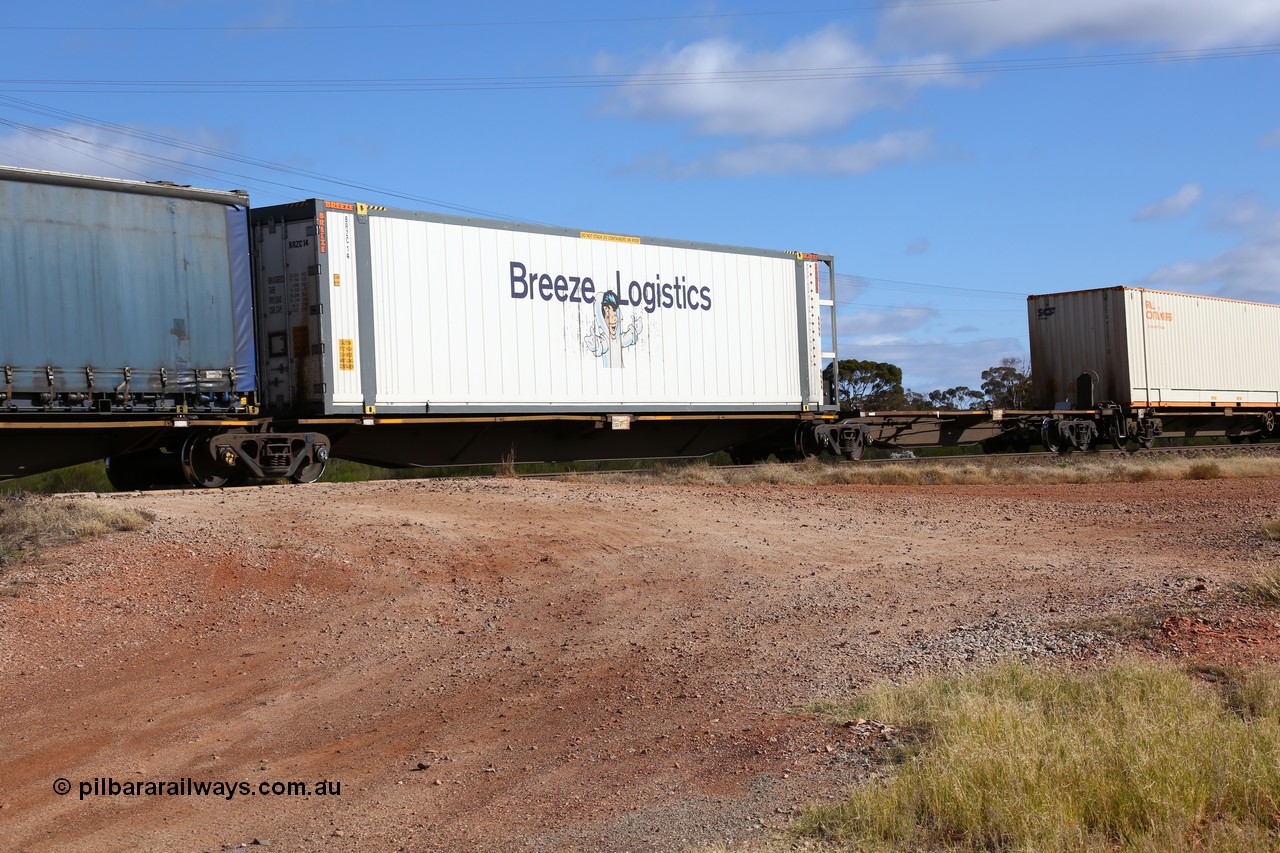 160522 2367
Parkeston, 7MP7 priority service train, RRAY 7244 platform 2 of 5-pack articulated skel waggon set, 1 of 100 built by ABB Engineering NSW 1996-2000, 48' deck, Breeze Logistics 46' 6