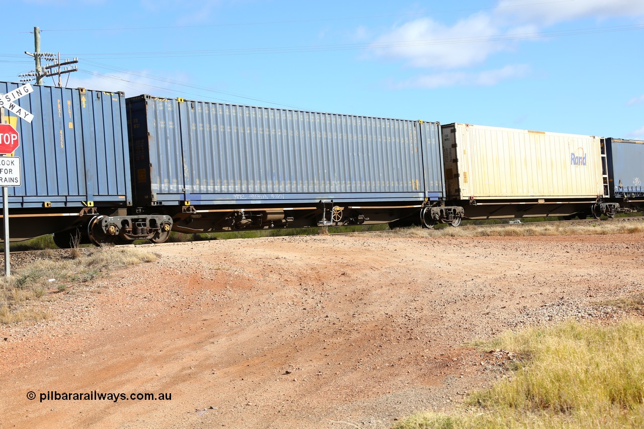 160522 2383
Parkeston, 7MP7 priority service train, platform 3 of 5 on RRQY 7330 5-pack articulated skel waggon set built by Qiqihar Rollingstock Works China in 2005 for Pacific National, with a 48' MFG1 type box PNXD 018.
Keywords: RRQY-type;RRQY7330;Qiqihar-Rollingstock-Works-China;