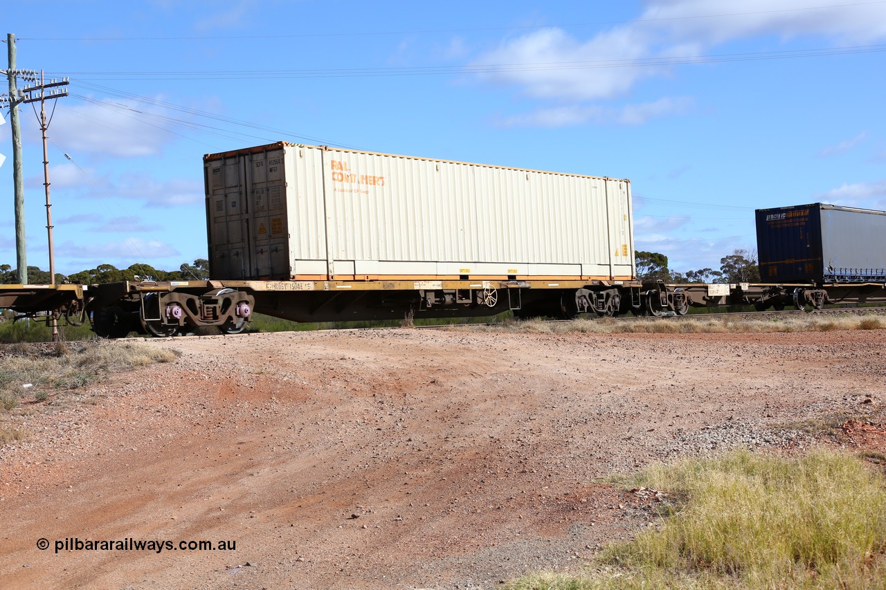 160522 2392
Parkeston, 7MP7 priority service train, RQSY 15042 container waggon, one of seventy built by Comeng NSW in 1974-75 as OCY type, to NQOY type, then NQBY, loaded with a 48' MFG1 type SCF Rail Containers box SCFU 412554[3].
Keywords: RQSY-type;RQSY15042;Comeng-NSW;OCY-type;NQOY-type;