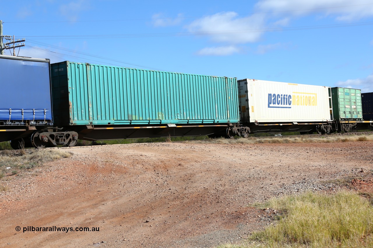 160522 2421
Parkeston, 7MP7 priority service train, RQQY 7079 platform 4 of 5-pack articulated skel waggon set, 1 of 17 built by Qld Rail at Ipswich Workshops in 1995, unmarked Toll 48' box TSPD 481328.
Keywords: RQQY-type;RQQY7079;Qld-Rail-Ipswich-WS;