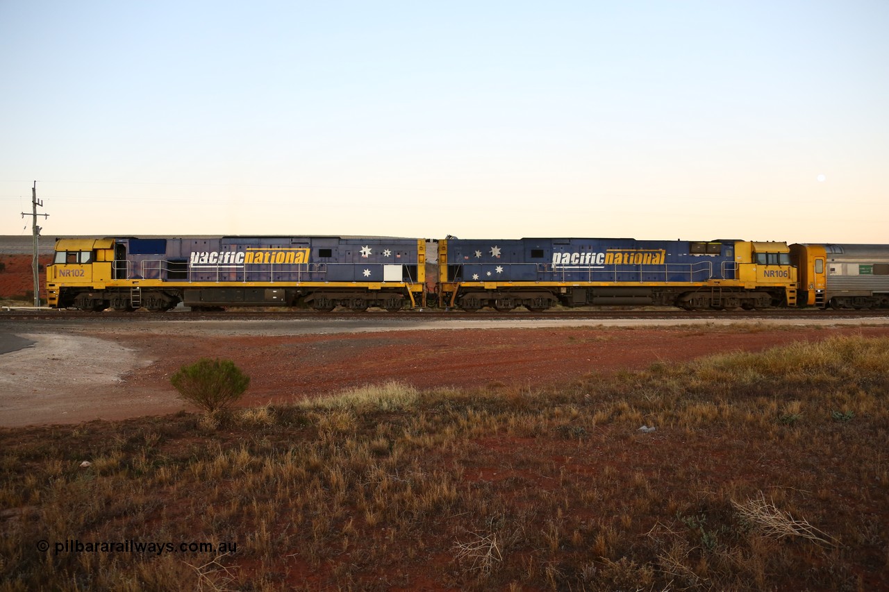 160523 2709
Parkeston, Pacific National train 1PM5 right on departure time with a pair of Goninan built GE model Cv40-9i NR class units NR 102 serial 7250-07/97-302 and NR 106 serial 7250-08/97-308 and two crew coaches.
Keywords: NR-class;NR102;Goninan;GE;Cv40-9i;7250-07/97-302;NR106;7250-08/97-308;
