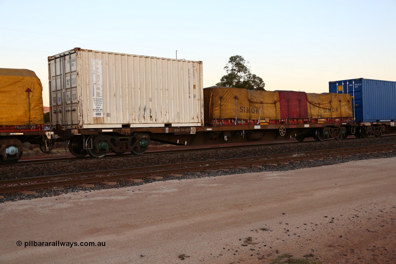 160523 2717
Parkeston, intermodal train 1PM5, RQSY 34458 container waggon, SCF 20' box SCFU 206934 and a Simon 40' FD type flatrack with Simon tarp.
Keywords: RQSY-type;RQSY34458;Tulloch-Ltd-NSW;OCY-type;NQOY-type;