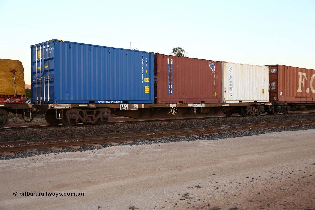 160523 2718
Parkeston, intermodal train 1PM5, RQBY 15032 container waggon, one of seventy that Comeng NSW built as OCY type container flat waggon in 1974-75, recoded to NQOY, then NQSY and NQBY loaded here with C Box 20' box CBXU 458562, a Cronos 20' bulker BSPD 0842692 and a SCF 20' box SCFU 006284.
Keywords: RQBY-type;RQBY15032;Comeng-NSW;OCY-type;NQOY-type;NQBY-type;