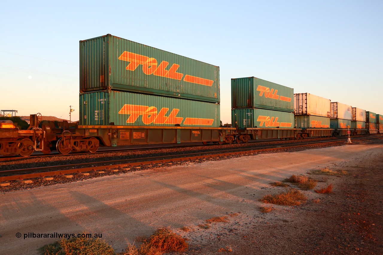 160523 2727
Parkeston, 1PM5 intermodal train, RRXY 11 a 5-pack well waggon set, last of eleven built by Bradken Qld in 2002 for Toll from a Williams-Worley design with a mostly Toll 48' stacked boxes.
Keywords: RRXY-type;RRXY11;Williams-Worley;Bradken-Rail-Qld;