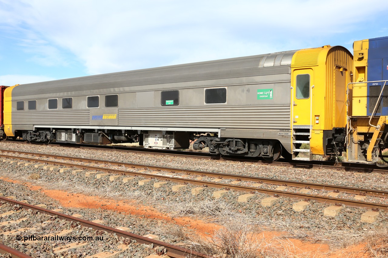 160523 2934
Parkeston, 7SP3 intermodal train, crew accommodation coach RZAY 940, built by Comeng NSW in 1968 as ARJ 240, a stainless steel, air conditioned, roomette sleeping coach, rebuilt by AN Rail Port Augusta Workshops to RZAY in 1997.
Keywords: RZAY-type;RZAY940;Comeng-NSW;ARJ-type;ARJ240;ARJ940;