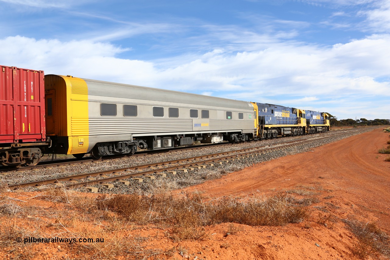 160523 2936
Parkeston, 7SP3 intermodal train, crew accommodation coach RZAY 940, built by Comeng NSW in 1968 as ARJ 240, a stainless steel, air conditioned, roomette sleeping coach, rebuilt by AN Rail Port Augusta Workshops to RZAY in 1997.
Keywords: RZAY-type;RZAY940;Comeng-NSW;ARJ-type;ARJ240;ARJ940;