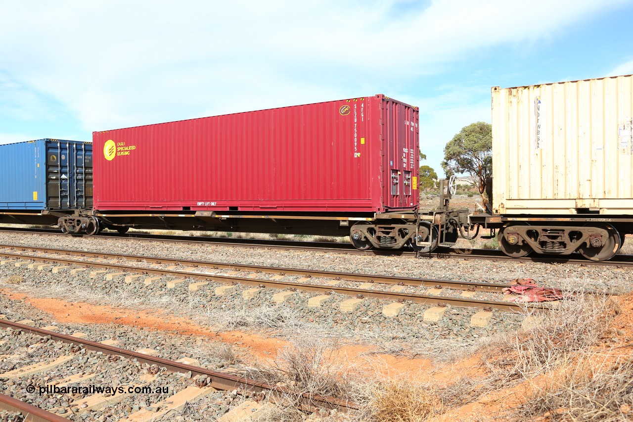 160523 2943
Parkeston, 7SP3 intermodal train, RQQY 7003 platform 5 of 5-pack articulated skel waggon built as a 'one off' by AN Rail Islington Workshops in 1994 as REQY with electric power connections, CARU Specialized Leasing SLZU 750095 40' container.
Keywords: RQQY-type;RQQY7003;AN-Islington-WS;REQY-type;