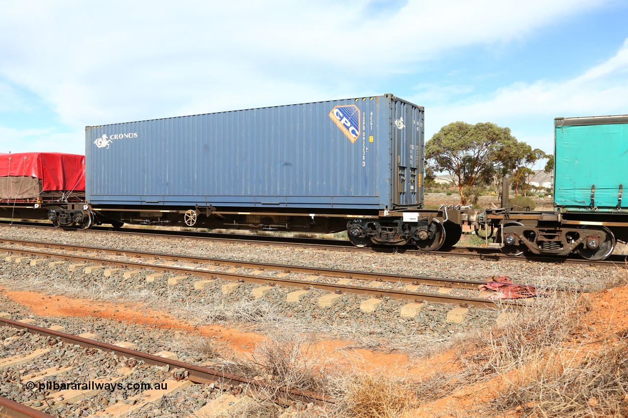 160523 2949
Parkeston, 7SP3 intermodal train, RRQY 8307 platform 1 of 5-pack articulated skel waggon, one of forty one sets built by Qiqihar Rollingstock Works China in 2006 loaded with Cronos TSPD 092238 40' container.
Keywords: RRQY-type;RRQY830P;Qiqihar-Rollingstock-Works-China;