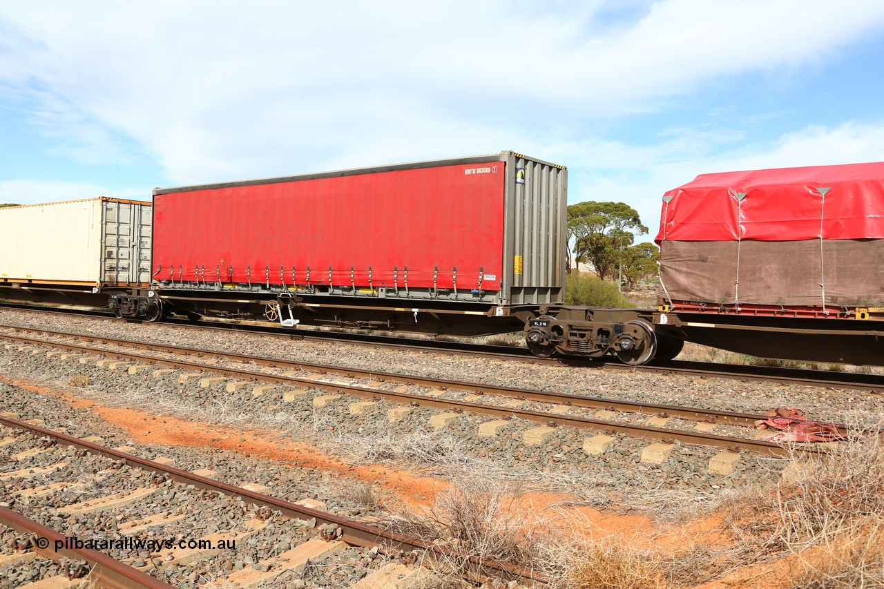 160523 2951
Parkeston, 7SP3 intermodal train, RRQY 8307 platform 3 of 5-pack articulated skel waggon, one of forty one sets built by Qiqihar Rollingstock Works China in 2006 loaded with a Royal Wolf 40' curtainsider container RWTU 903088.
Keywords: RRQY-type;RRQY830P;Qiqihar-Rollingstock-Works-China;