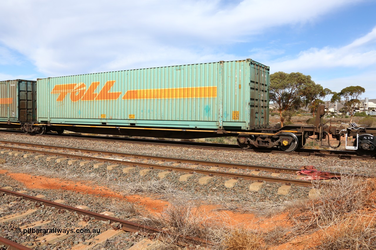 160523 2955
Parkeston, 7SP3 intermodal train, RRYY 34 platform 1 of 5-pack articulated low profile skel waggon set, one of fifty two such sets built by Bradken Rail Braemar from a Williams-Worley design, based on the TNT TRAY type for moving automotive carrying containers, 48' Toll TCML 48438 box.
Keywords: RRYY-type;RRYY34;Williams-Worley;Bradken-NSW;