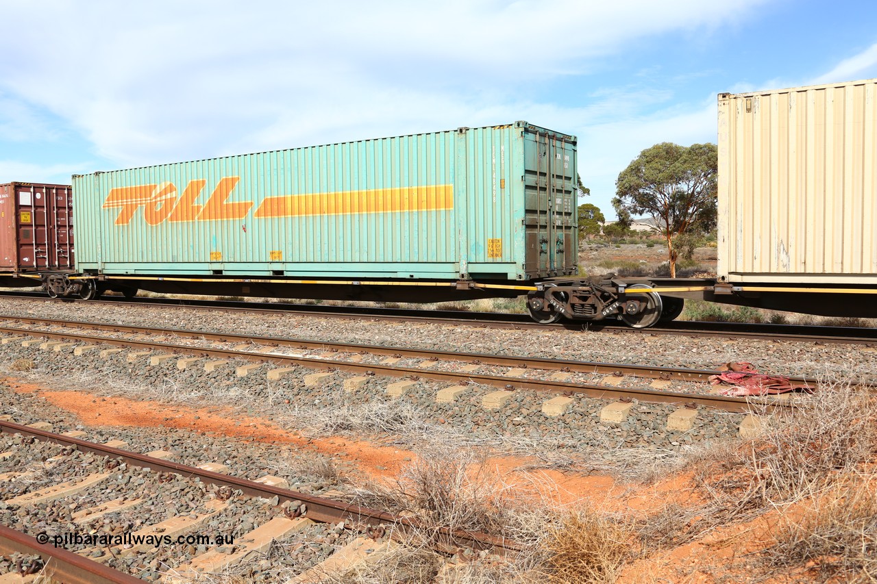 160523 2958
Parkeston, 7SP3 intermodal train, RRYY 34 platform 4 of 5-pack articulated low profile skel waggon set, one of fifty two such sets built by Bradken Rail Braemar from a Williams-Worley design, based on the TNT TRAY type for moving automotive carrying containers, 48' Toll TCML 48498 box.
Keywords: RRYY-type;RRYY34;Williams-Worley;Bradken-NSW;