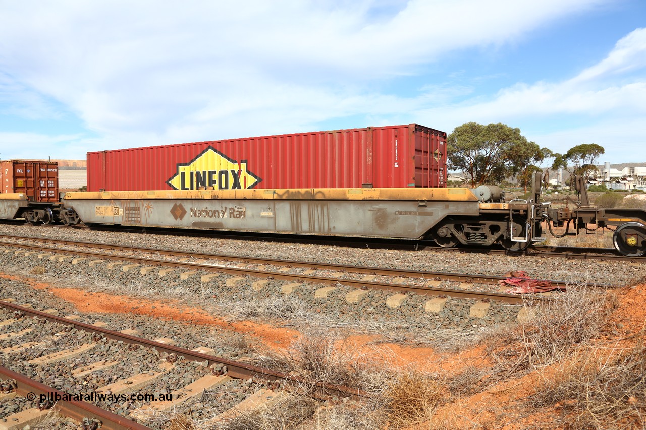 160523 2961
Parkeston, 7SP3 intermodal train, RQZY 7053 platform 5 of five unit bar coupled well container waggon set built in a batch of thirty two by Goninan NSW in 1995/96, loaded with Linfox 48' container DRC 895.
Keywords: RQZY-type;RQZY7053;Goninan-NSW;