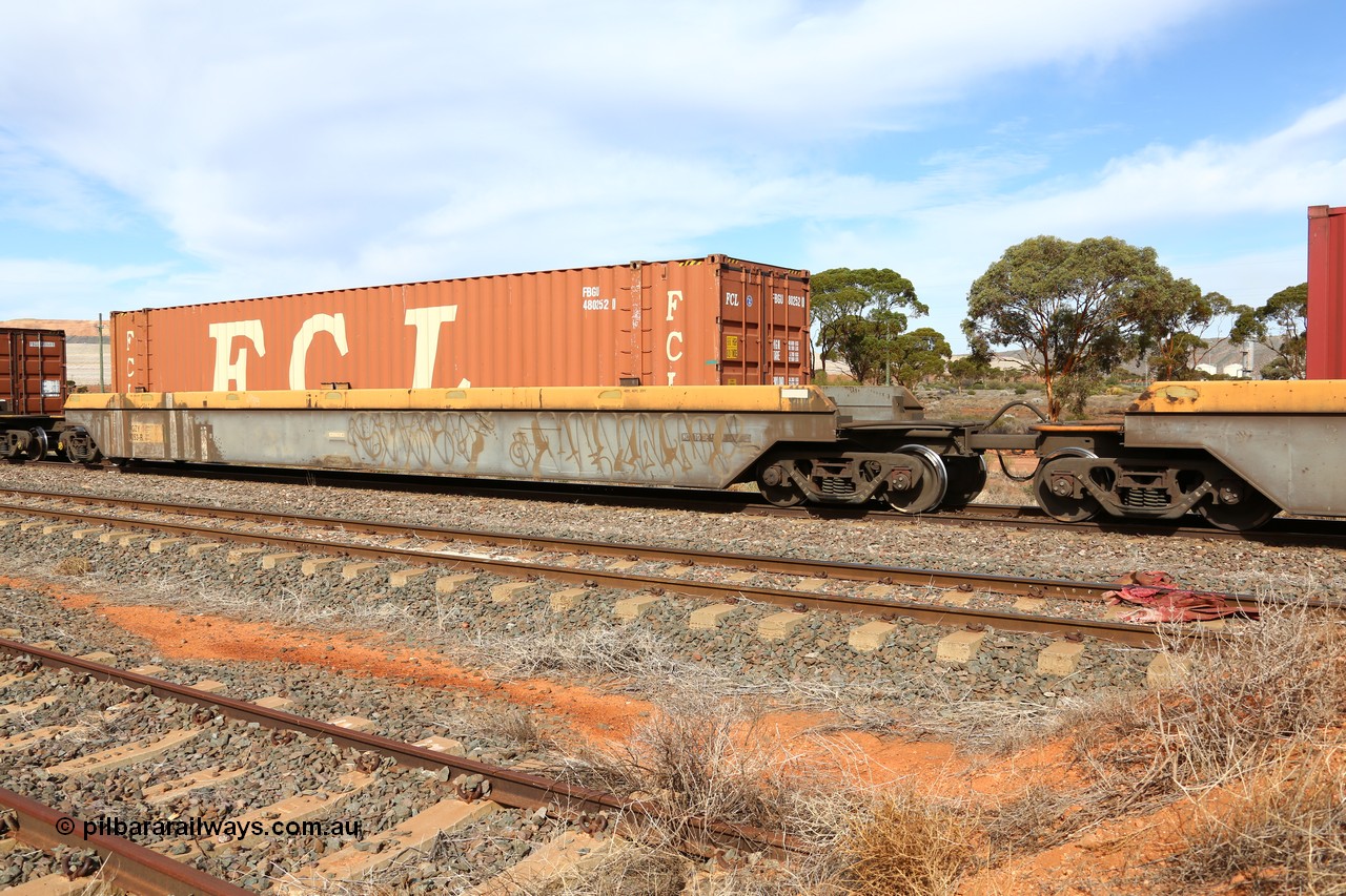 160523 2962
Parkeston, 7SP3 intermodal train, RQZY 7053 platform 4 of five unit bar coupled well container waggon set, one of thirty two Goninan built well waggon sets from 1995-96, loaded with FCL 48' container FBGU 480252.
Keywords: RQZY-type;RQZY7053;Goninan-NSW;