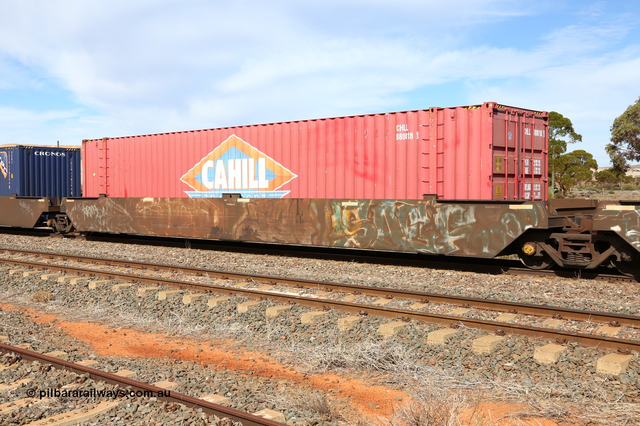 160523 2984
Parkeston, 7SP3 intermodal train, PQYY 7083 platform 3, PQYY type is a 5-pack articulated well waggon set built in September 1995 by AN Islington Workshops as one of a pair of RQYY for Boxcar/Cubico and recoded in the late '90s to PQYY. Loaded with a 48' Cahill Transport container CHLL 880018[1].
Keywords: PQYY-type;PQYY7083;AN-Islington-WS;RKQY-type;
