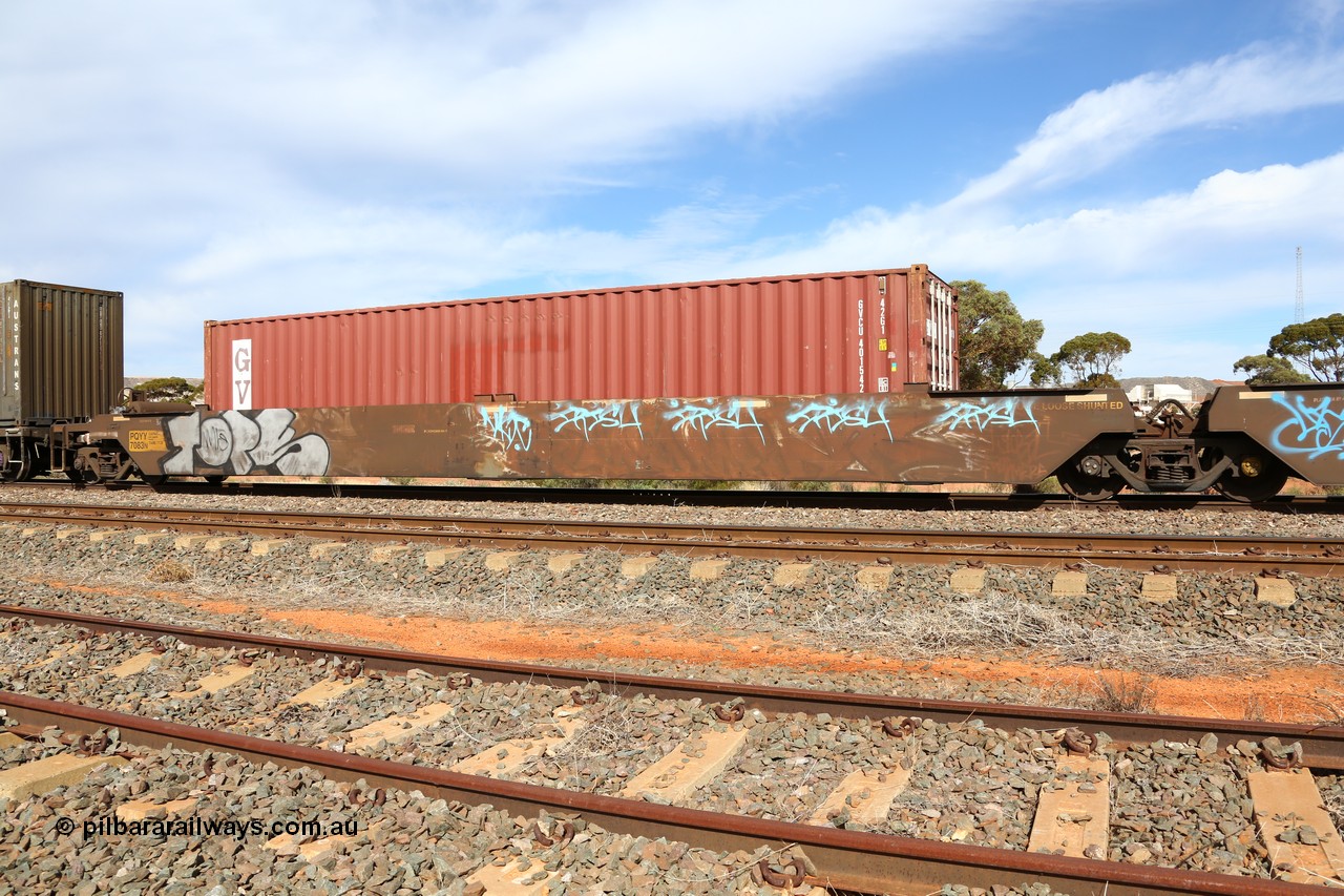 160523 2987
Parkeston, 7SP3 intermodal train, PQYY 7083 platform 5, PQYY type is a 5-pack articulated well waggon set built in September 1995 by AN Islington Workshops as one of a pair of RQYY for Boxcar/Cubico and recoded in the late '90s to PQYY. Loaded with a 40' 42G1 type GVC container GVCU 4011542[8].
Keywords: PQYY-type;PQYY7083;AN-Islington-WS;RKQY-type;