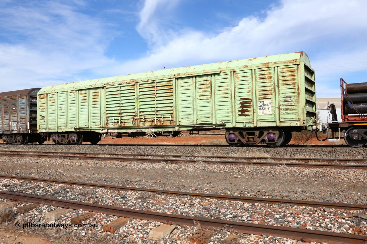 160523 3035
Parkeston, 7SP3 intermodal train, RLUY 18724 louvre van, one of one hundred fifty originally built by Comeng NSW as KLY in 1975-76, then recoded to NLKY, NLWY wearing Sadleirs green.
Keywords: RLUY-type;RLUY18724;Comeng-NSW;KLY-type;NLKY-type;NLWY-type;