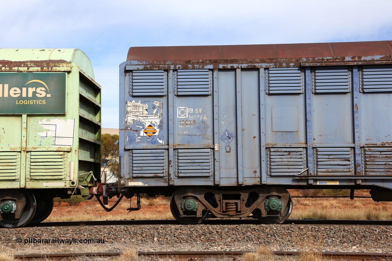 160523 3039
Parkeston, 7SP3 intermodal train, RLSY 18629 louvre van, one of one hundred fifty originally built by Comeng NSW as KLY in 1975-76, then recoded to NLKY and NLNY. Side view in Pacific National blue livery and code board with 2CM bogie.
Keywords: RLSY-type;RLSY18629;Comeng-NSW;KLY-type;NLKY-type;NLNY-type;