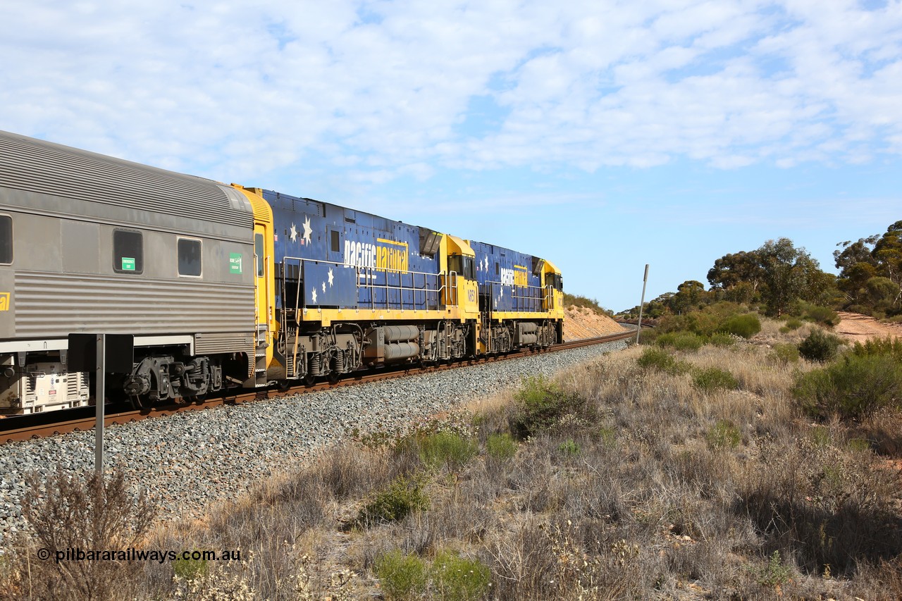 160523 3210
Binduli, Perth bound 7SP3 intermodal train, trailing view of a pair of Goninan built GE model Cv40-9i NR class units NR 12 serial 7250-02/97-214 and NR 51 serial 7250-08/97-253 lead the train 'elephant style' near the 641 km.
Keywords: NR-class;NR51;Goninan;GE;Cv40-9i;7250-08/97-253;