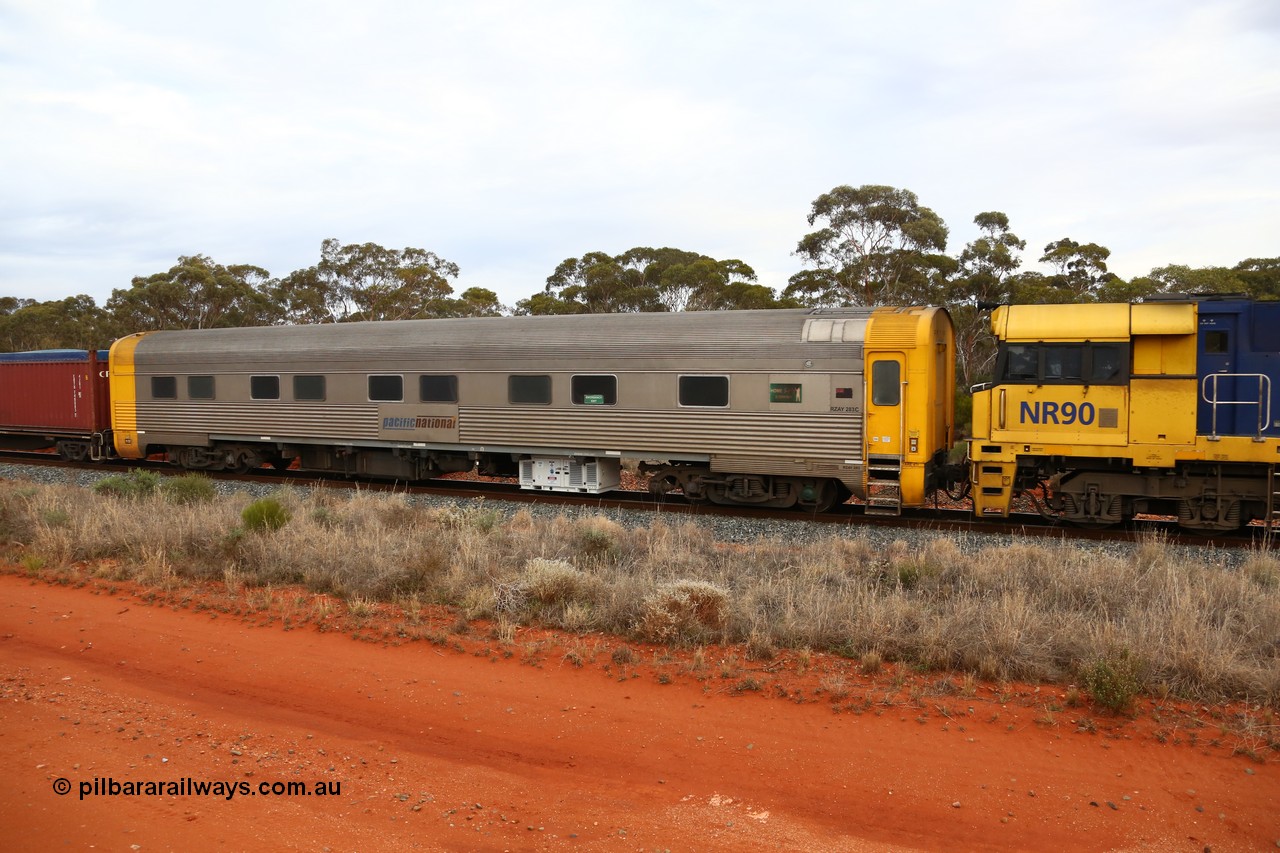160524 3628
Binduli, 2PS7 priority service train, crew accommodation coach RZAY 283, built by Comeng NSW in 1972, under contract No. 3391-1972, as type ARJ, stainless steel, air conditioned, first class roomette sleeping car, converted by AN Rail Port Augusta Workshops in 1997 to RZAY.
Keywords: RZAY-type;RZAY283;Comeng-NSW;ARJ-type;ARJ283;