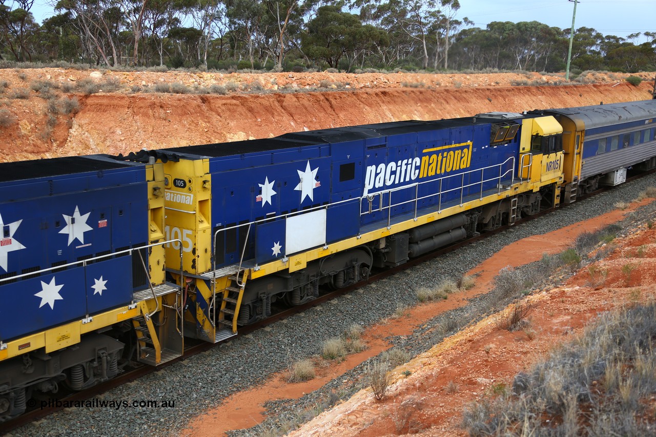 160524 3740
West Kalgoorlie, 2PM6 intermodal train, trailing unit Goninan built GE model Cv40-9i NR class unit NR 105 serial 7250-08/97-310, originally built for National Rail now in current owner Pacific National livery.
Keywords: NR-class;NR105;Goninan;GE;Cv40-9i;7250-08/97-310;