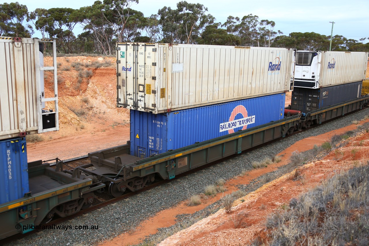 160524 3749
West Kalgoorlie, 2PM6 intermodal train, RRXY 3 platform 4 of 5-pack well waggon set, one of eleven built by Bradken Qld in 2002 for Toll from a Williams-Worley design with a 46' 6