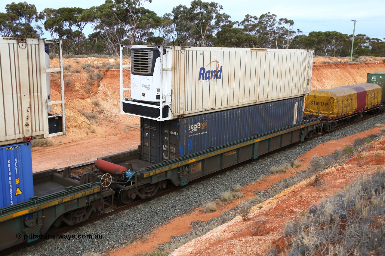 160524 3750
West Kalgoorlie, 2PM6 intermodal train, RRXY 3 platform 5 of 5-pack well waggon set, one of eleven built by Bradken Qld in 2002 for Toll from a Williams-Worley design with a 46' 6