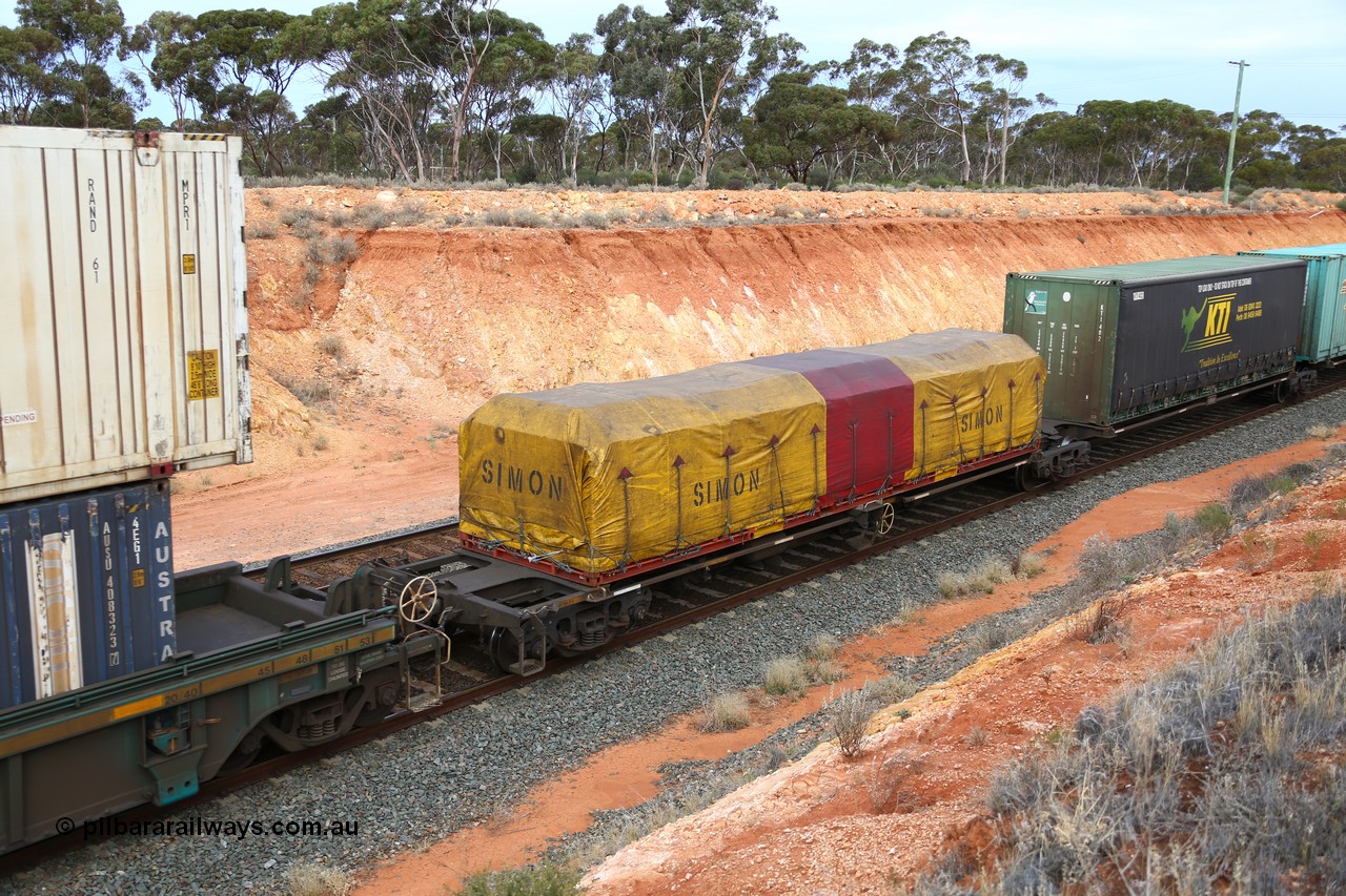 160524 3751
West Kalgoorlie, 2PM6 intermodal train, RRQY 8313 platform 5 of 5-pack articulated skel waggon, one of forty one sets built by Qiqihar Rollingstock Works China in 2006 loaded with a Simon tarped FD 40' flatrack.
Keywords: RRQY-type;RRQY8313;Qiqihar-Rollingstock-Works-China;