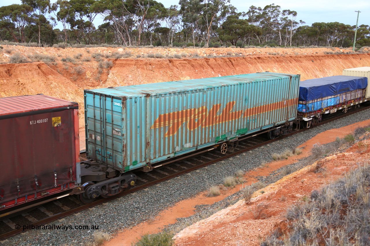 160524 3755
West Kalgoorlie, 2PM6 intermodal train, RRQY 8313 platform 1 of 5-pack articulated skel waggon, one of forty one sets built by Qiqihar Rollingstock Works China in 2006 loaded with a Toll 48' box TSPD 48350.
Keywords: RRQY-type;RRQY8313;Qiqihar-Rollingstock-Works-China;