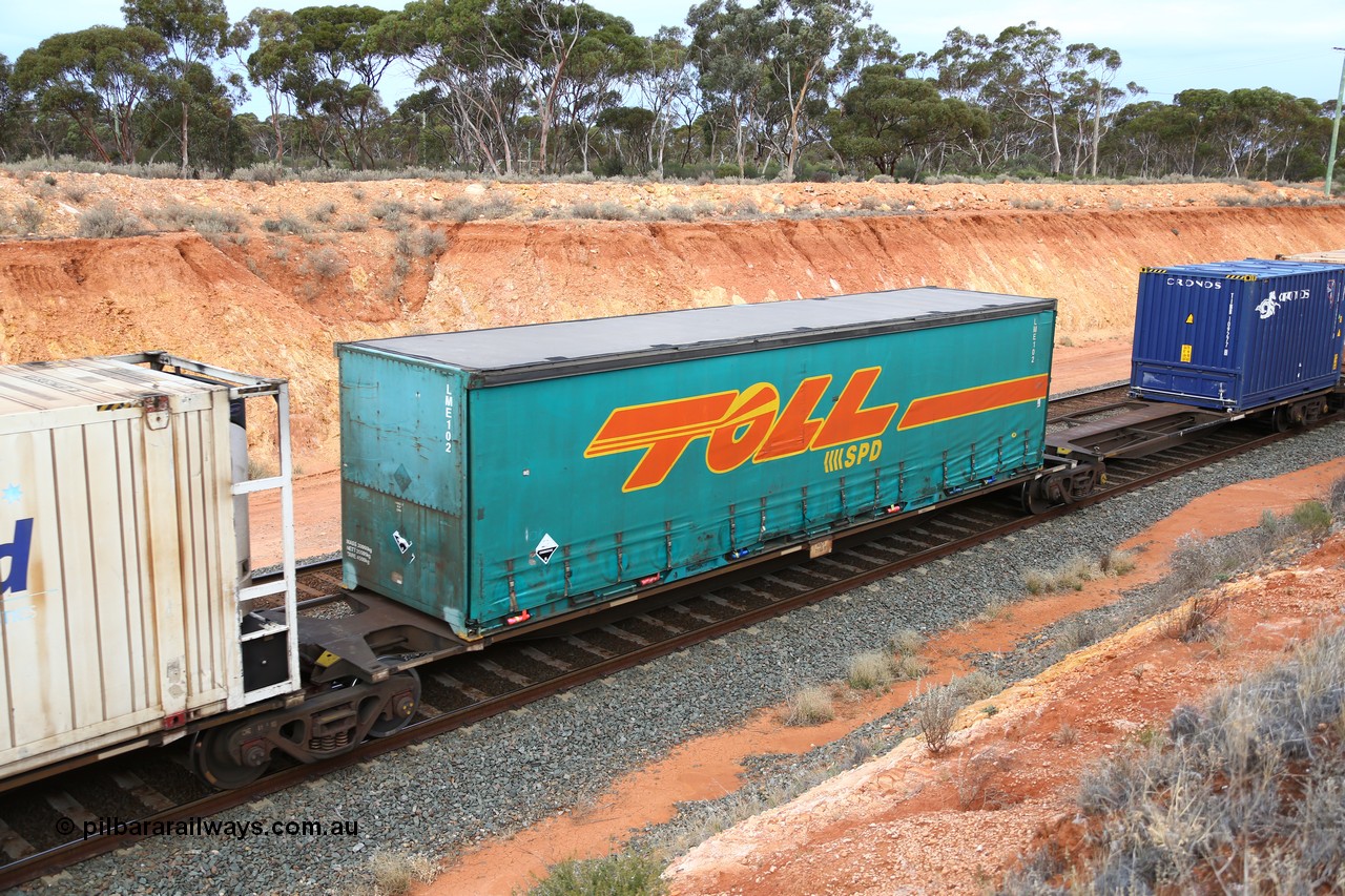 160524 3762
West Kalgoorlie, 2PM6 intermodal train, 48' platform of RRGY 7130 5-pack articulated skel waggon, one of fifty built by AN Rail Islington Workshops in 1996-97 as type RRBY, later rebuilt with 48' intermediate decks and coded RRGY, Toll - SPD 40' curtainsider LME102.
Keywords: RRGY-type;RRGY7130;AN-Islington-WS;RRBY-type;