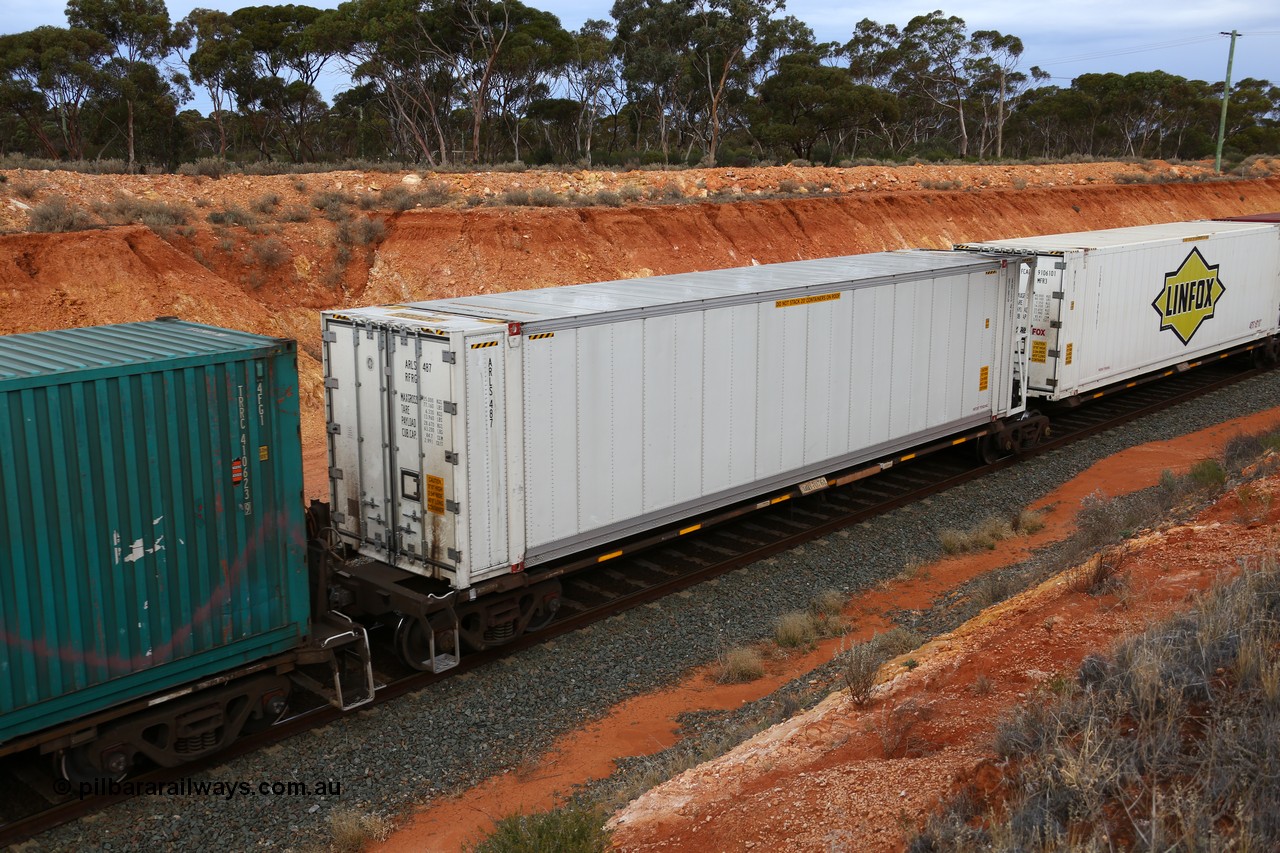 160524 3769
West Kalgoorlie, 2PM6 intermodal train, RQQY 7076 platform 5 of 5-pack articulated skel waggon set, 1 of 17 built by Qld Rail at Ipswich Workshops in 1995, 46' 6