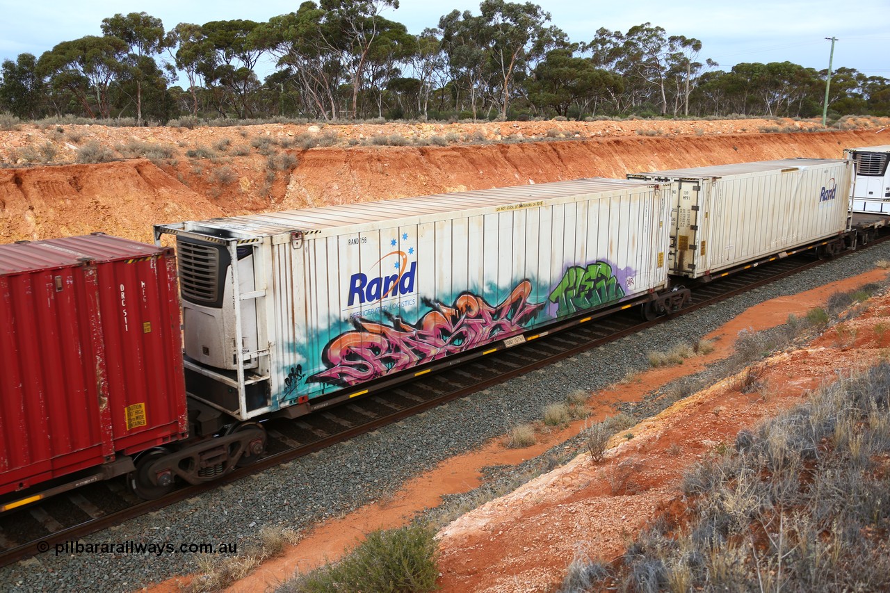 160524 3772
West Kalgoorlie, 2PM6 intermodal train, RQQY 7076 platform 2 of 5-pack articulated skel waggon set, 1 of 17 built by Qld Rail at Ipswich Workshops in 1995, 46' 6