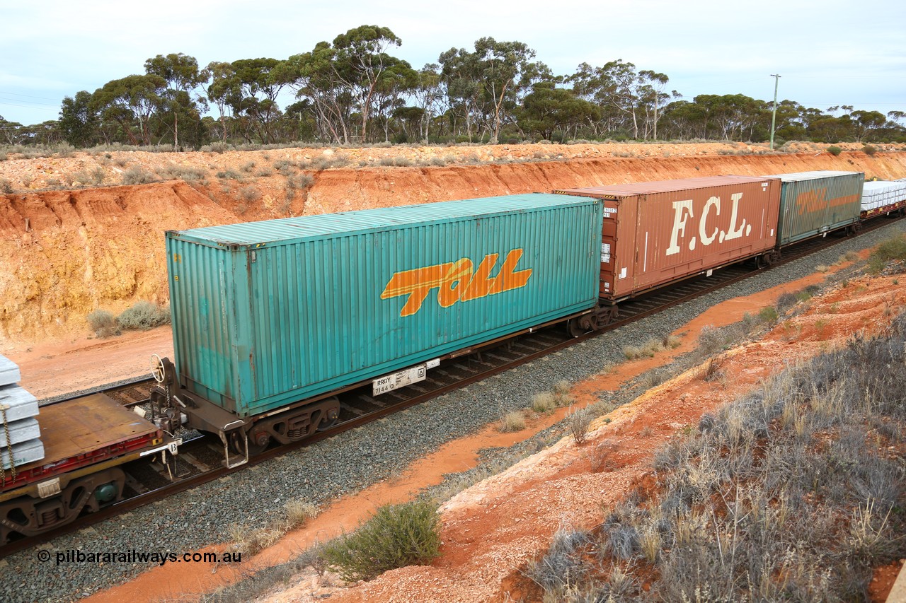 160524 3782
West Kalgoorlie, 2PM6 intermodal train, RRGY 7144 platform 1 of 5-pack articulated skeletal waggon set, one of fifty originally built by AN Rail Islington Workshops in 1996-97 as type RRBY, later rebuilt with 48' intermediate decks and recoded to RRGY, Toll 40' 4FG1 type box TRRC 410626[5].
Keywords: RRGY-type;RRGY7144;AN-Islington-WS;RRBY-type;