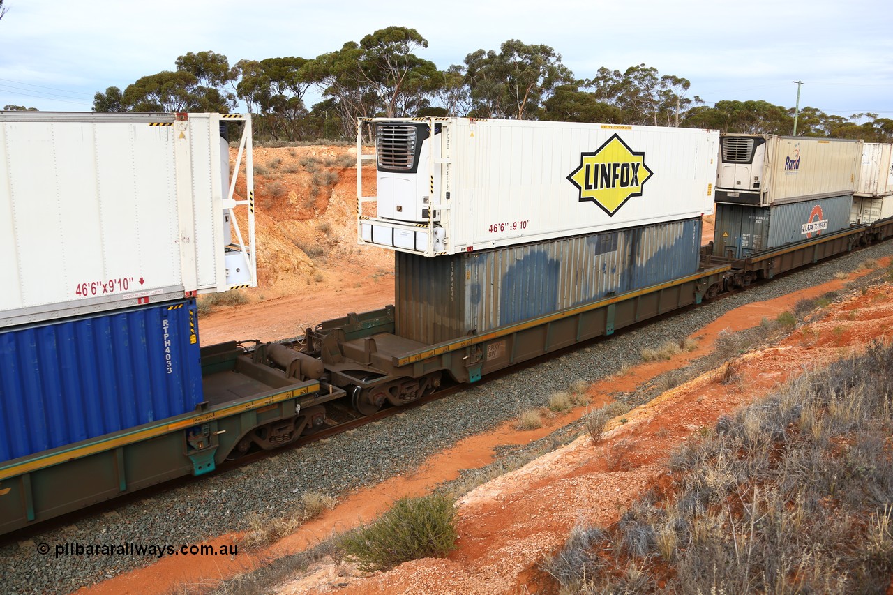 160524 3801
West Kalgoorlie, 2PM6 intermodal train, RRXY 8 platform 4 of 5-pack well waggon set, one of eleven built by Bradken Qld in 2002 for Toll from a Williams-Worley design with a 40' unmarked Railroad Transport box RTPH 4041 in the well and a Linfox 46' 6