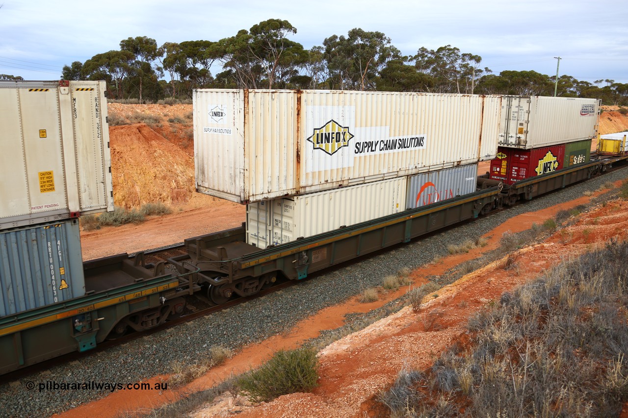 160524 3803
West Kalgoorlie, 2PM6 intermodal train, RRXY 8 platform 2 of 5-pack well waggon set, one of eleven built by Bradken Qld in 2002 for Toll from a Williams-Worley design with two 20' boxes in the well 22G1 type CPIU 049385 and Veolia TTNU 294043 with a 53' Linfox box DRC 449 on top.
Keywords: RRXY-type;RRXY8;Williams-Worley;Bradken-Rail-Qld;