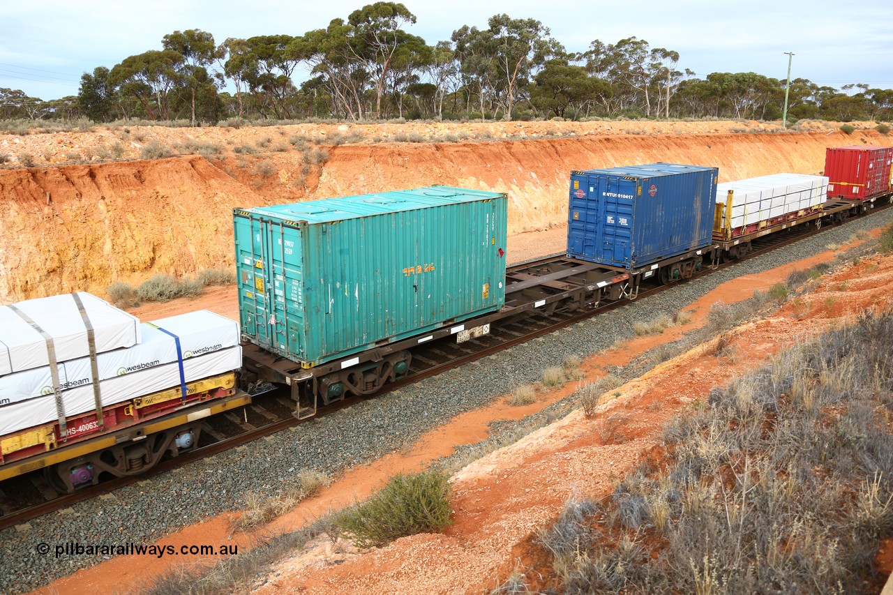 160524 3806
West Kalgoorlie, 2PM6 intermodal train, NQKY 34606, originally built by EPT NSW as a CDY type open waggon as part of a batch of two hundred waggons in 1975-76. Recoded to NOCY ~1980 and converted to NQKY container flat in 1997. Loaded with two 20' containers, Toll 2EG9 type NB 29037 and Railroad Transport RWTU 9510417.
Keywords: NQKY-type;NQKY34606;EPT-NSW;CDY-type;NOCY-type;