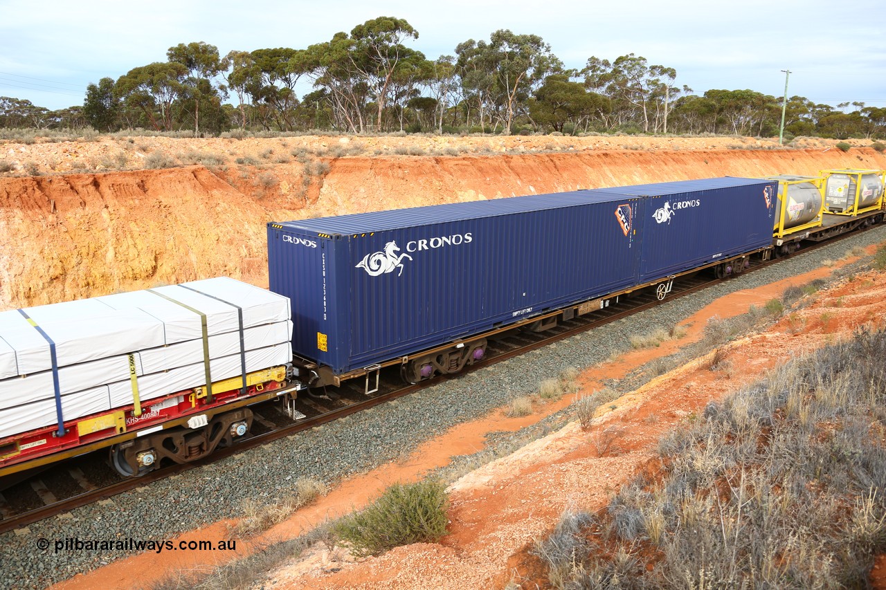 160524 3809
West Kalgoorlie, 2PM6 intermodal train, RQJW 22051 one of fifty such jumbo container waggons built by Mittagong Engineering NSW in 1975-76 as the JCW type, recoded to NQJW. Loaded with two Cronos 40' 4EG1 type containers CXSU 123683[3] and CSXU 123707[0].
Keywords: RQJW-type;RQJW22051;Mittagong-Engineering-NSW;JCW-type;NQJW-type;NQGW-type;