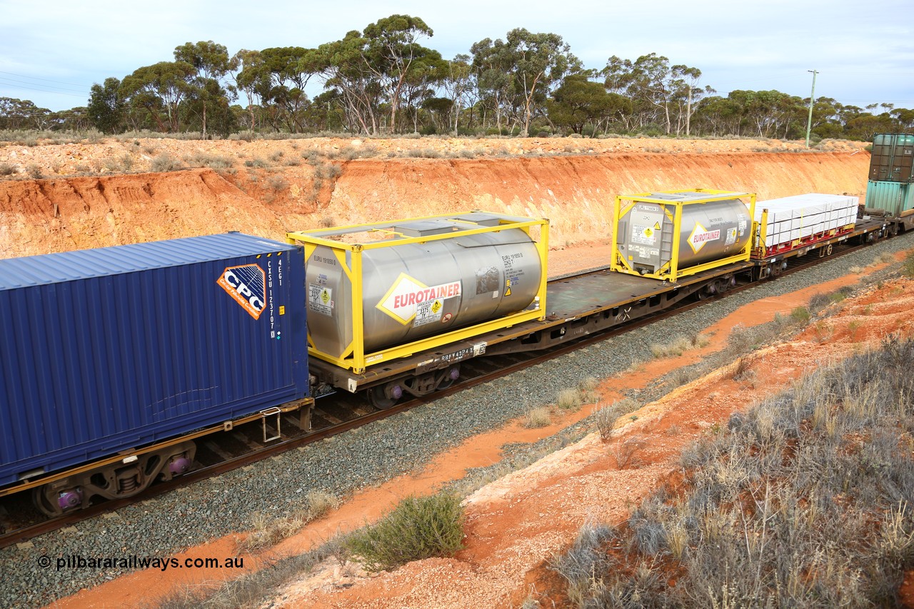 160524 3810
West Kalgoorlie, 2PM6 intermodal train, RRKY 4324 container flat waggon originally built by Perry Engineering SA in 1976 as part of a batch of one hundred and fifty RMX type waggons for the Commonwealth Railways, recoded to AQMX, in 1987 to AQSY, then RQKY. Loaded with two CIMC Tank built 20' ISO 22K2 type tanks for Eurotainers, EURU 191850[0] and 114494[9] both with ammonium nitrate emulsion.
Keywords: RRKY-type;RRKY4324;Perry-Engineering-SA;RMX-type;AQMX-type;AQSY-type;RQKY-type;