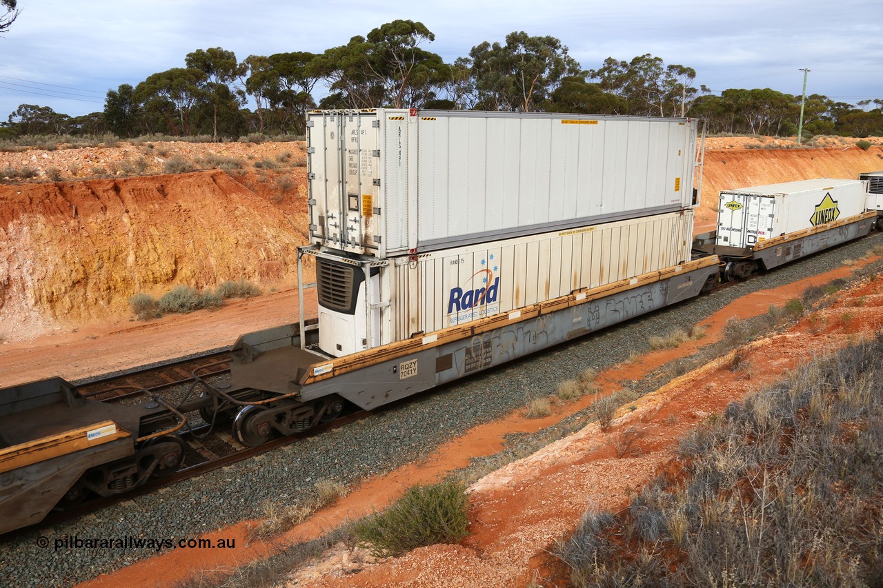 160524 3820
West Kalgoorlie, 2PM6 intermodal train, RQZY 7041 platform 4 of 5-pack well waggon set, one of thirty two sets built by Goninan NSW in 1995-96 for National Rail loaded with a RAND Refrigerated Logistics 46' 6
