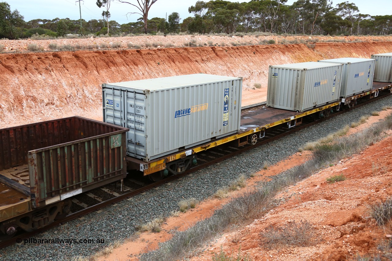 160524 4029
Binduli, Melbourne bound steel train service 3PM4, VQCY 624 container waggon, still with lashing rails, built by Victorian Railways Newport Workshops in 1970 as an FQX type, 1979 to VQCX, 1994 to RQCX and VQCY in 1996. Two 20' 22G1 type Pacific National Royal Wolf containers RWLU 815055 and RWLU 814877.
Keywords: VQCY-type;VQCY624;Victorian-Railways-Newport-WS;FQX-type;VQCX-type;RQCX-type;