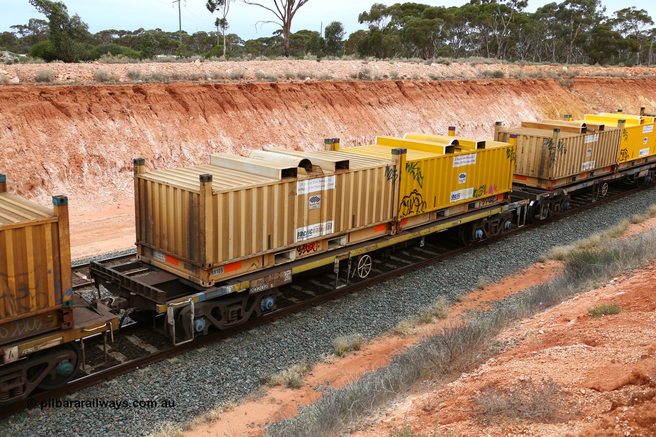 160524 4035
Binduli, Melbourne bound steel train service 3PM4, RKLY 20202 with two butter box containers RH109 and RH144, originally built by EPT NSW in 1979-81 as an BDY type open waggon before being heavily modified by ANI Engineering in 1998, was also coded NKHY, RKHY prior to 1998.
Keywords: RKLY-type;RKLY20202;EPT-NSW;BDY-type;NODY-type;