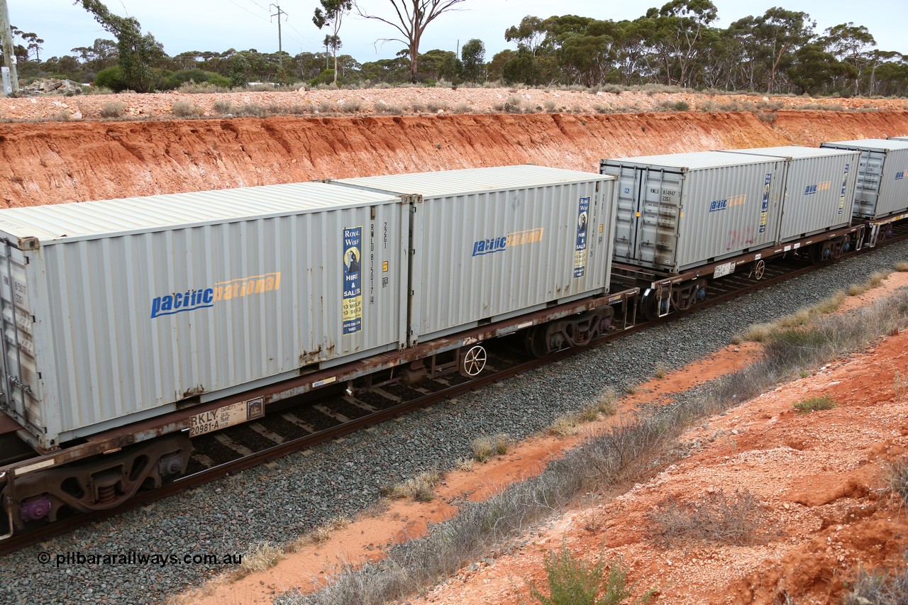 160524 4053
Binduli, Melbourne bound steel train service 3PM4, RKLY 20981 container waggon, built by EPT NSW in 1980-81 as an NODY, open waggon before being heavily modified by ANI Engineering in 1998, loaded with two 20' Pacific National Royal Wolf containers RWLU 815017 and 814910.
Keywords: RKLY-type;RKLY20981;EPT-NSW;BDY-type;NODY-type;