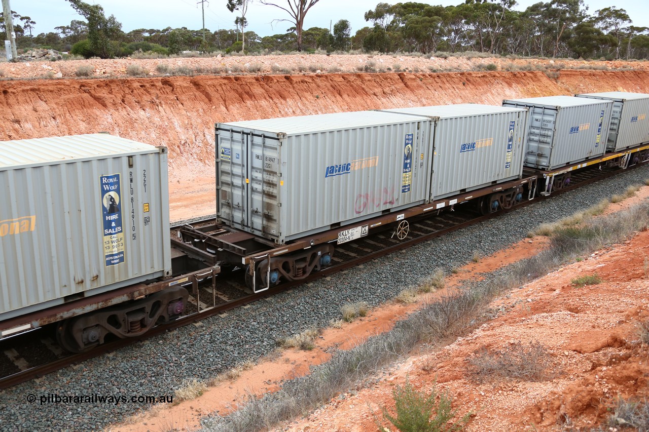 160524 4054
Binduli, Melbourne bound steel train service 3PM4, RKLY 20304 container waggon, originally built by EPT NSW in 1979-81 as an BDY / NODY open waggon before being heavily modified by ANI Engineering in 1998. Loaded with two 20' Pacific National Royal Wolf containers RWLU 814947 and 814936.
Keywords: RKLY-type;RKLY20304;EPT-NSW;BDY-type;NODY-type;