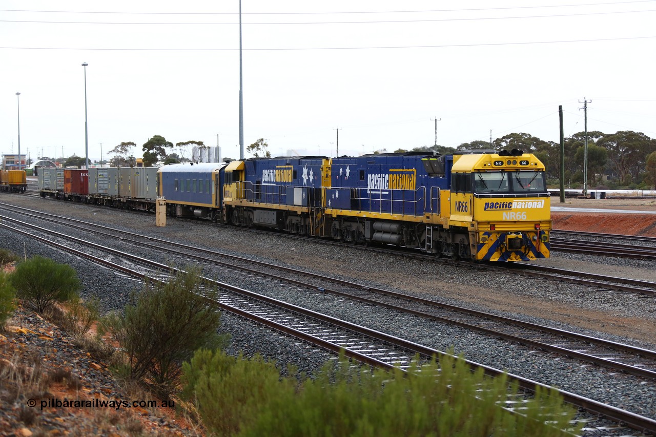 160524 4236
West Kalgoorlie, 1MP2 steel train motive power of Goninan built GE model Cv40-9i NR class units NR 66 serial 7250-12/96-268 and NR 32 serial 7250-06/97-234 shunt off waggons for Kalgoorlie.
Keywords: NR-class;NR66;Goninan;GE;Cv40-9i;7250-12/96-268;
