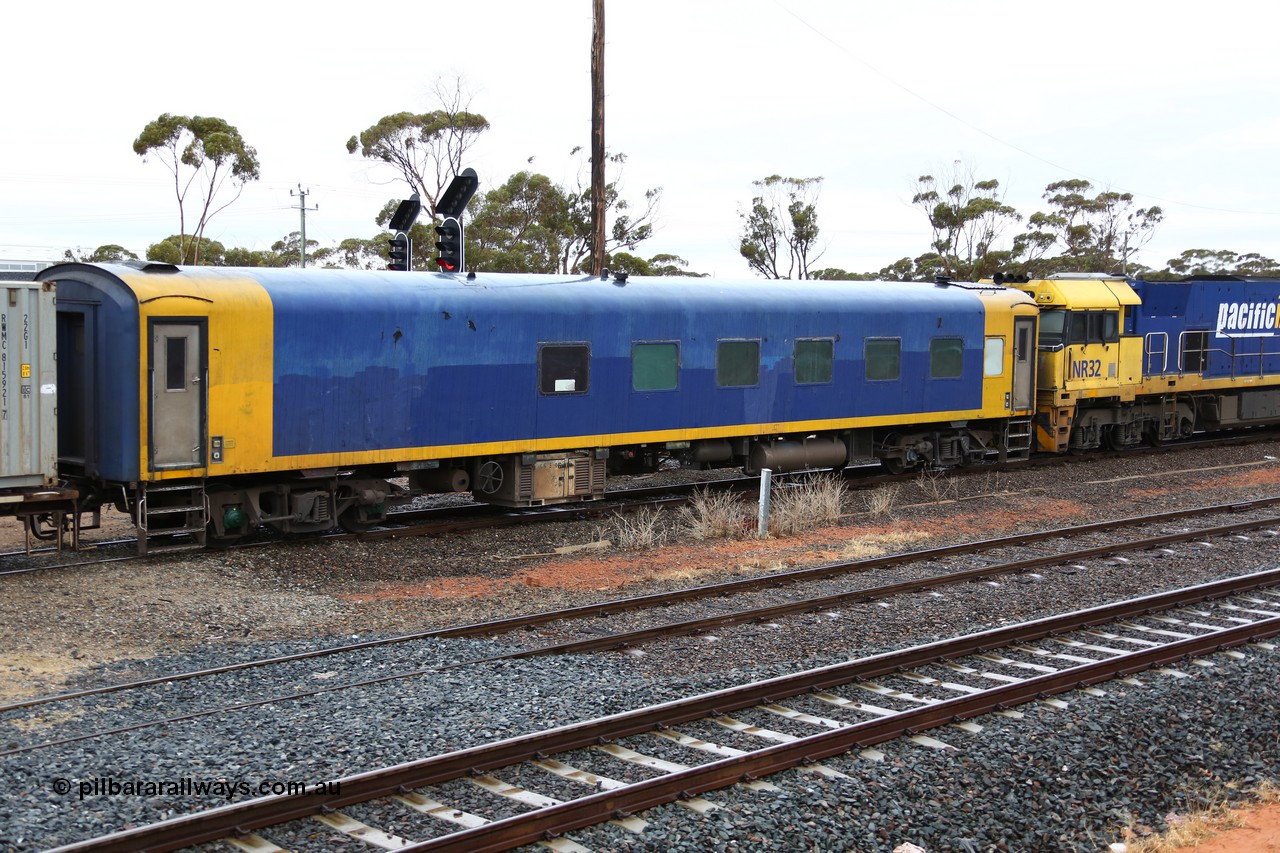 160524 4242
West Kalgoorlie, 1MP2 steel train Pacific National BRS type crew accommodation coach BRS 221, originally built by Victorian Railways Newport Workshops in November 1940 as an AS type first class sitting car for the Spirit of Progress as AS 6, in April 1983 converted to a combined sitting accommodation and a mini refreshment service as BRS type BRS 1, then in September 1985 renumbered to BRS 221. Sold to West Coast Railway mid 1990s, converted to crew car after 2004.
Keywords: BRS-type;BRS221;Victorian-Railways-Newport-WS;AS-type;AS6;BRS-type;BRS1;
