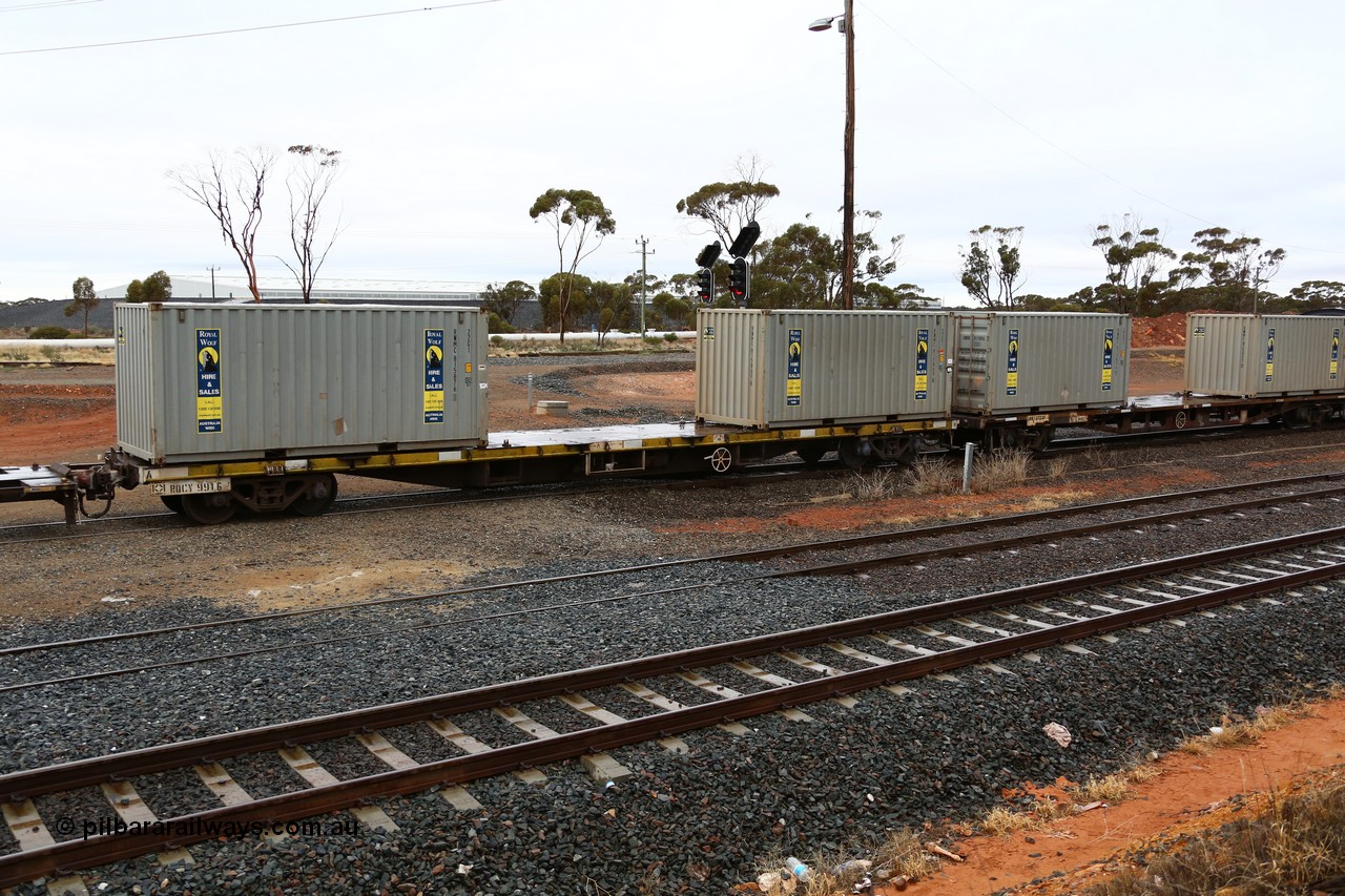 160524 4244
West Kalgoorlie, 1MP2 steel train, RQCY 991, originally built by Victorian Railways Ballarat North Workshops in 1980 as part of a batch of seventy five VQCX type container waggons, recoded to RQCX in 1994, then current code in 1995. Loaded with two Royal Wolf 22G1 type 20' containers RWMC 815876 and RWMC 815860.
Keywords: RQCY-type;RQCY991;V/Line-Ballarat-Nth-WS;VQCX-type;RQCX-type;