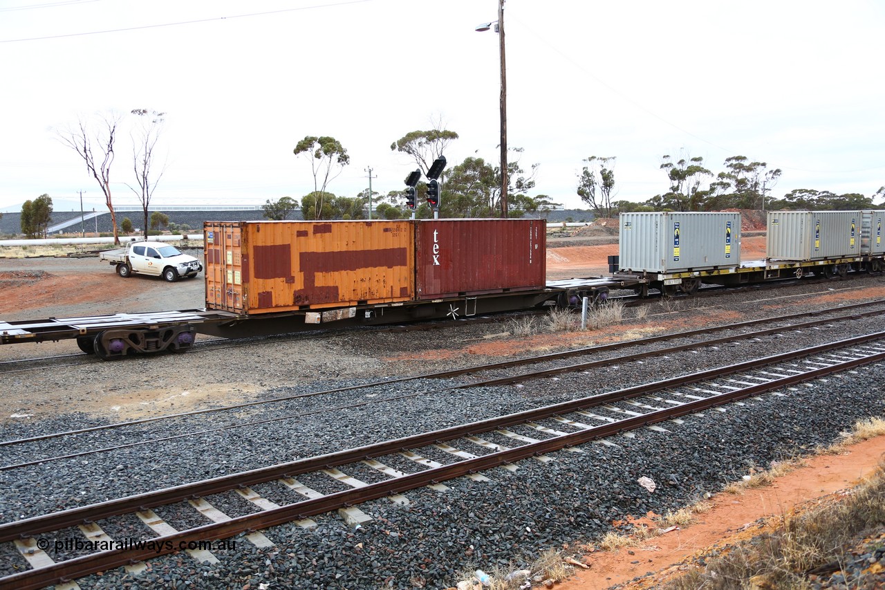 160524 4245
West Kalgoorlie, 1MP2 steel train, RQJW 22038 container waggon, originally built by Mittagong Engineering NSW in 1976 as part of a batch of fifty JCW type 14.5 metre container waggons, recoded to NQJW. Carrying two 22G1 type 20' containers, A Royal Wolf stickered RSS 220652 and TEX TGHU 251584.
Keywords: RQJW-type;RQJW22038;Mittagong-Engineering-NSW;JCW-type;NQJW-type;