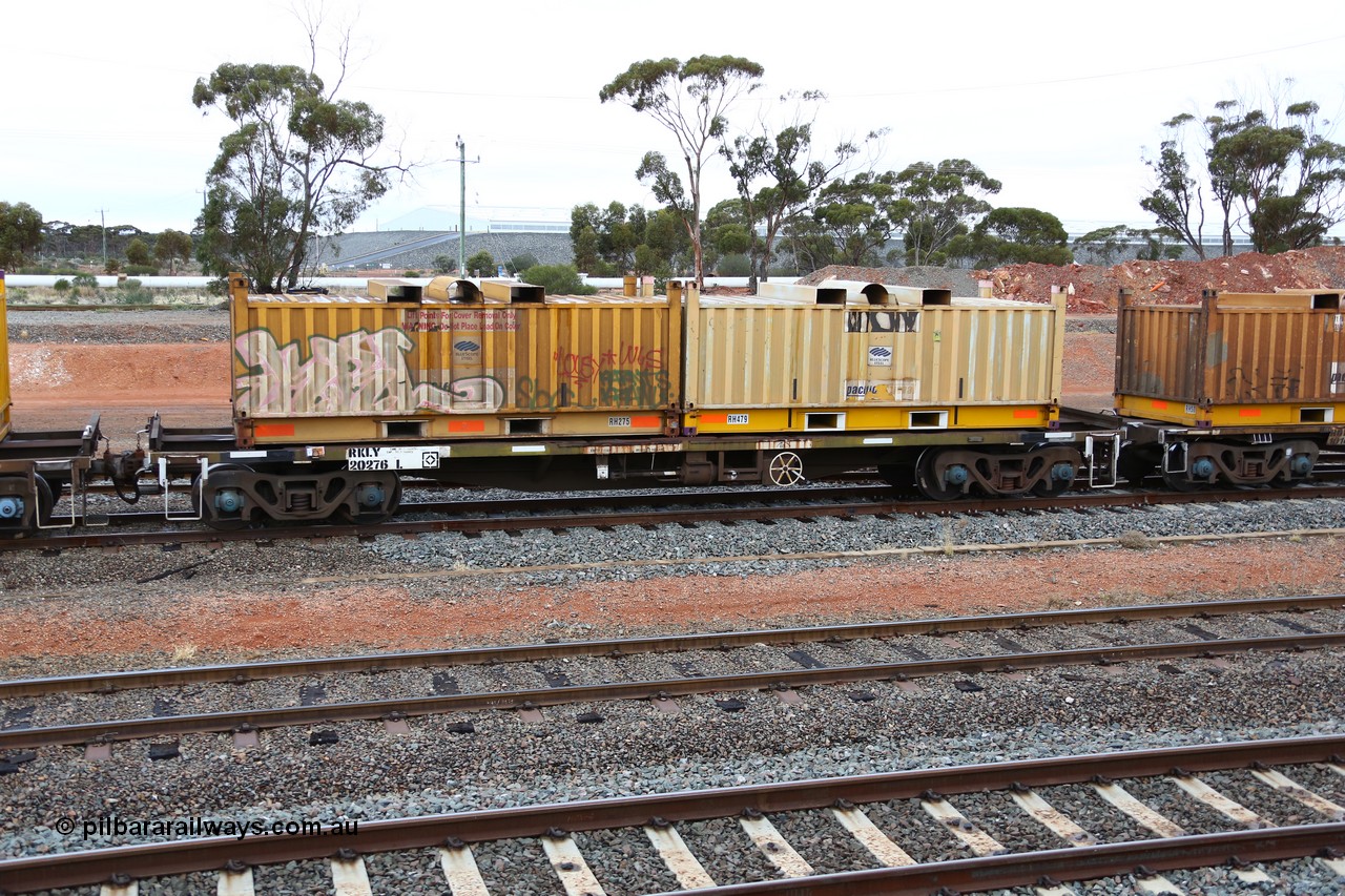 160524 4287
West Kalgoorlie, 1MP2 steel train, RKLY 20276, originally build by EPT NSW 1979-81 as part of a batch of two hundred BDY type 14.20 metre open waggons before conversion in the 1990s, loaded with two RH type RH 275 and RH 479 coil containers or 'butter boxes'.
Keywords: RKLY-type;RKLY20276;EPT-NSW;BDY-type;NODY-type;NKHY-type;